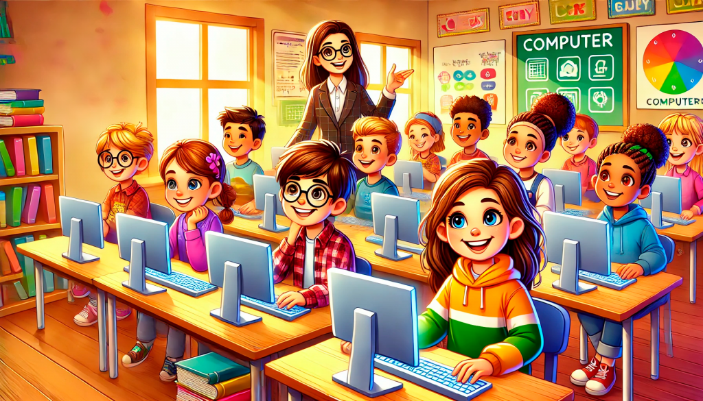 Ilustración de niños recibiendo clase de tecnología