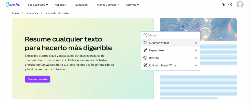 Recursos digitales: resumidor de textos con IA de Canva