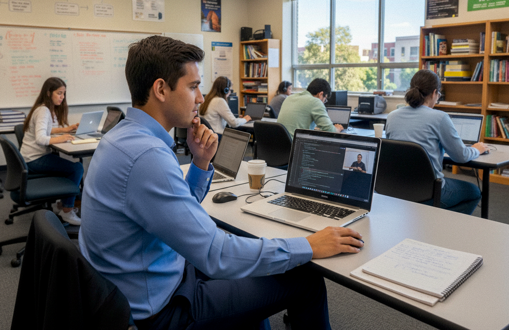 Fotografía generada por IA, de un docente capacitandose en competencias digitales para docentes.