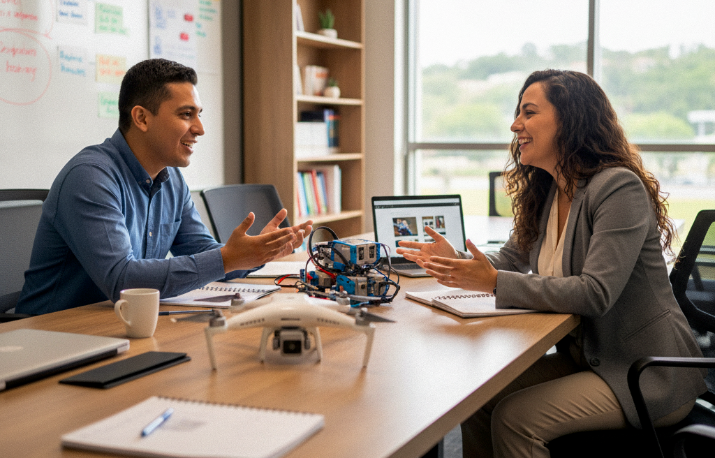 Imagen generada por IA de dos docentes colaborando entre ellos para el desarrollo de proyectos tecnológicos.