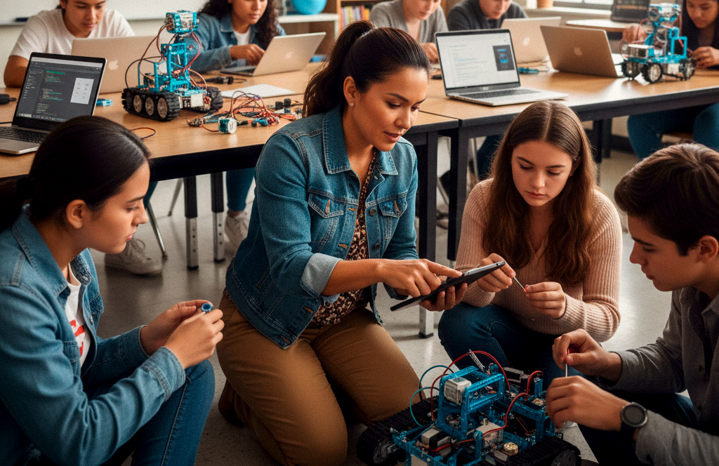 Docente de tecnología, poniendo en práctica las competencias digitales para docentes, con sus estudiantes.
