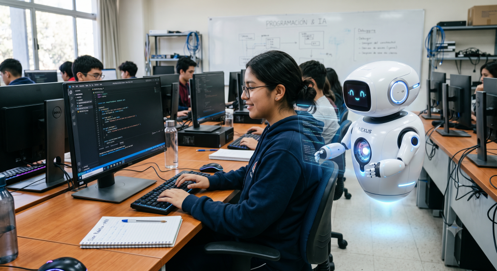 Imagen de estudiante apoyada por un robot en el uso ético de IA