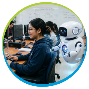 Imagen de alumna usando inteligencia artificial apoyada por un robot color blanco