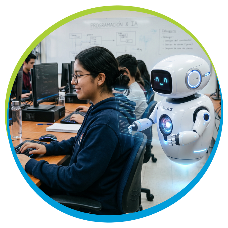 Imagen de alumna usando inteligencia artificial apoyada por un robot color blanco
