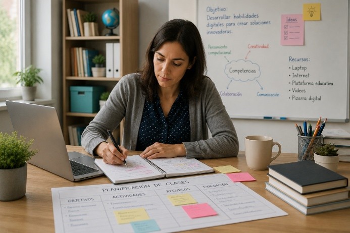Directora educativa estudiando los planes curriculares de tecnología propuestos