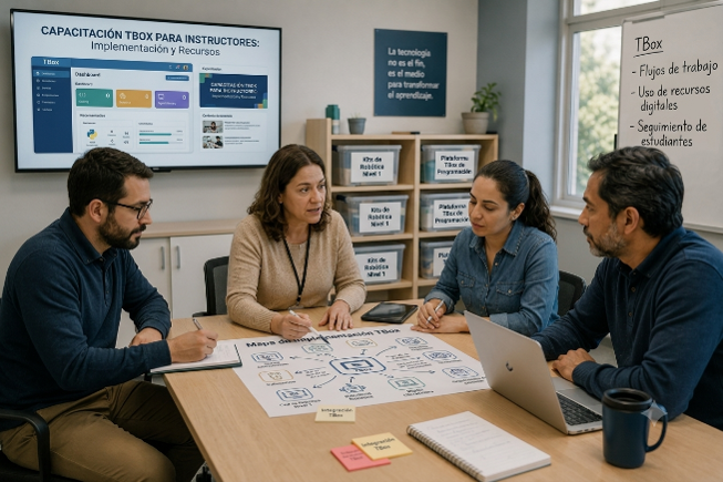 Junta de directores evaluando el progreso del currículo de tecnología.